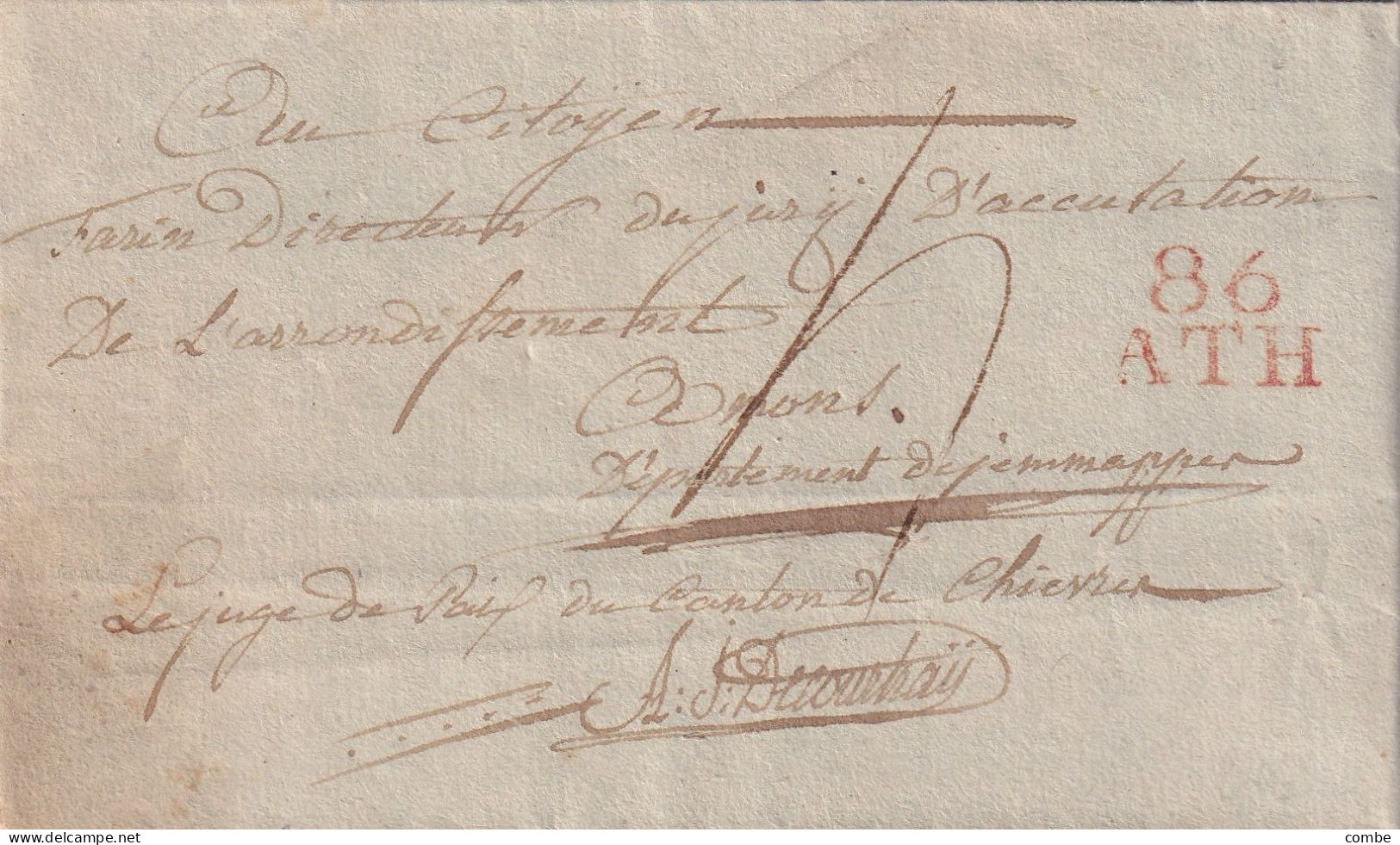 LETTRE.  15 FRUCTIDOR AN 8. JEMAPPES. 86/ATHLE JUGE DE PAIX DU CANTON DE CHIEVRES. SIGNÉE DECOURTRAY - 1792-1815: Conquered Departments