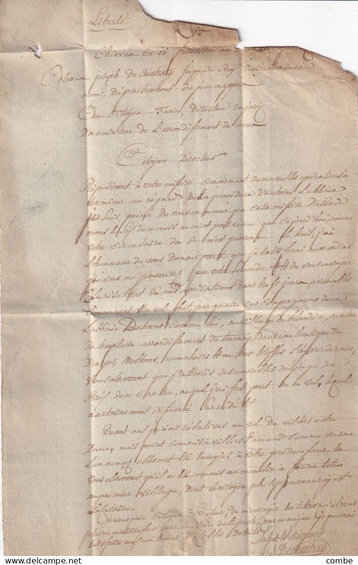 LETTRE.  15 FRUCTIDOR AN 8. JEMAPPES. 86/ATHLE JUGE DE PAIX DU CANTON DE CHIEVRES. SIGNÉE DECOURTRAY - 1792-1815: Départements Conquis