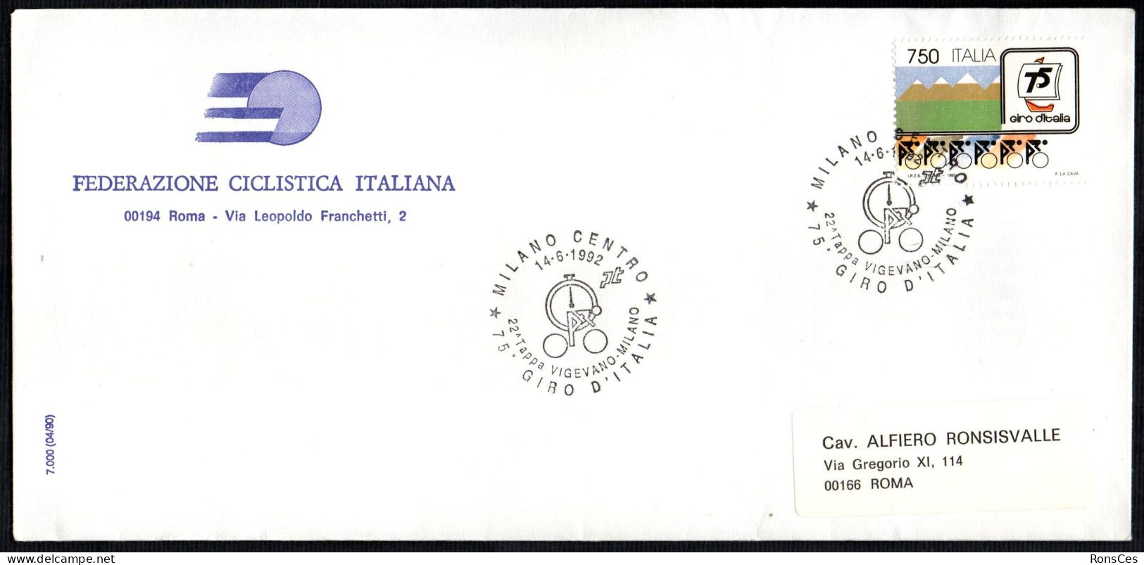 CYCLING - ITALIA MILANO 1992 - 75° GIRO D'ITALIA DI CICLISMO - 22^ TAPPA - BUSTA FEDERAZIONE CICLISTICA ITALIANA - A - Radsport