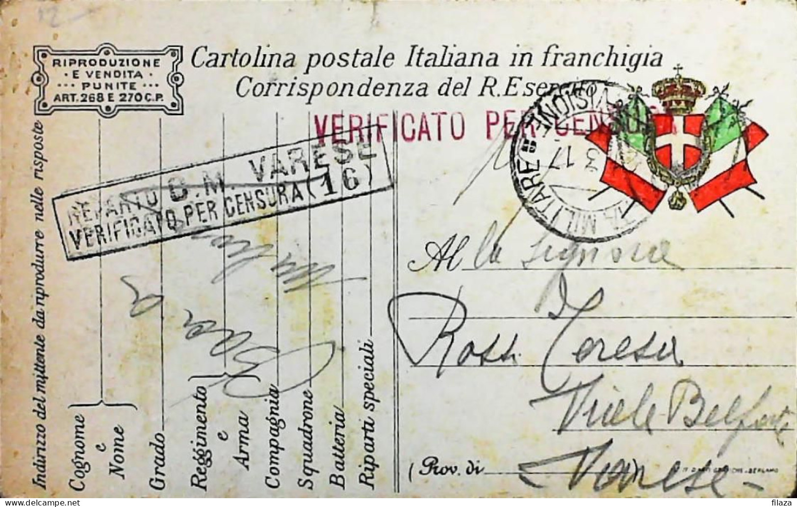 ITALY - WW1 – WWI Posta Militare 1915-1918 - Franchigia ILLUSTRATA (AGIAB) - S8073 - Correo Militar (PM)