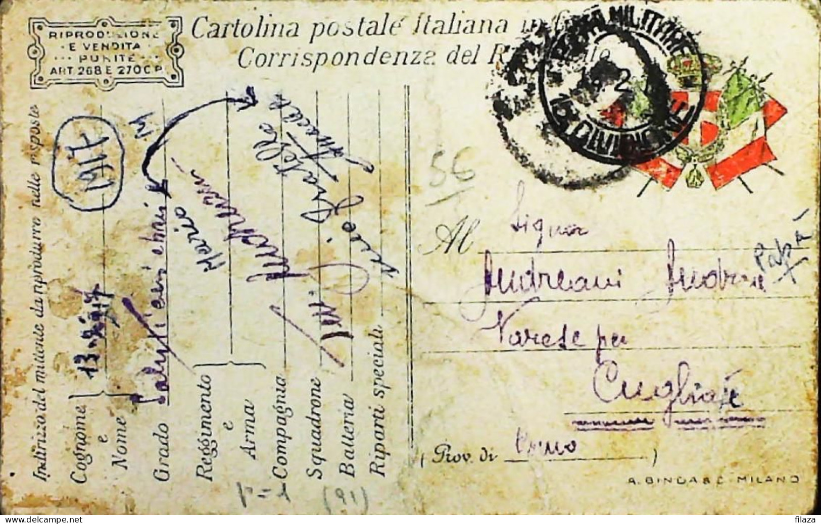 ITALY - WW1 – WWI Posta Militare 1915-1918 - Franchigia ILLUSTRATA (AGIAB) - S8084 - Poste Militaire (PM)