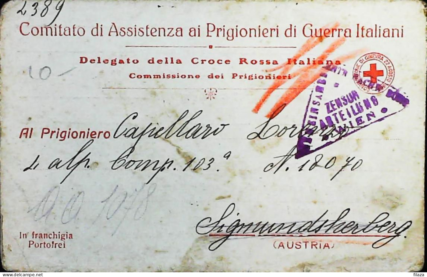 ITALY - WW1 – WWI Prigioniero Di Guerra  1915-1918 –  (AGIAB) - S8132 - Correo Militar (PM)