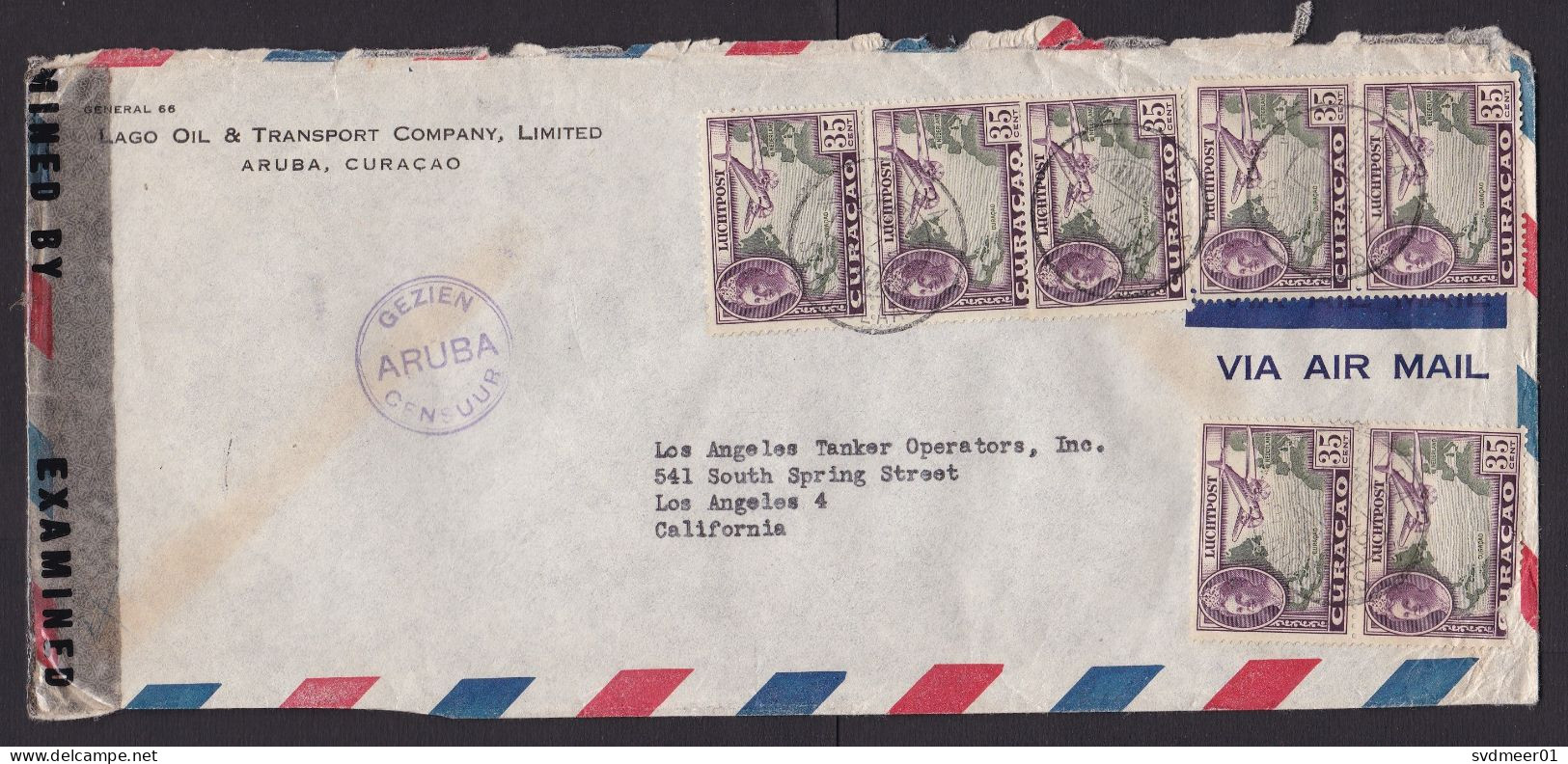 Curacao: Airmail Cover To USA, 1945, 7 Stamps, Map, 2x Censored: US Censor Tape, Aruba Cancel, War, Oil (damaged) - Curazao, Antillas Holandesas, Aruba