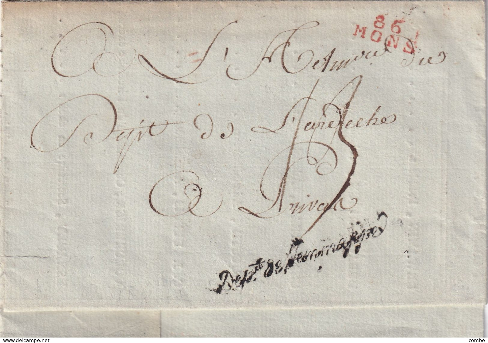 LETTRE.  10 MESSIDOR AN 5. JEMAPPES. 86/MONS. GRIFFE NOIRE DEPARTEMENT DE JEMAPPES. NOMS ET SIGNATURES DES ADMINISTRATEU - 1792-1815: Conquered Departments