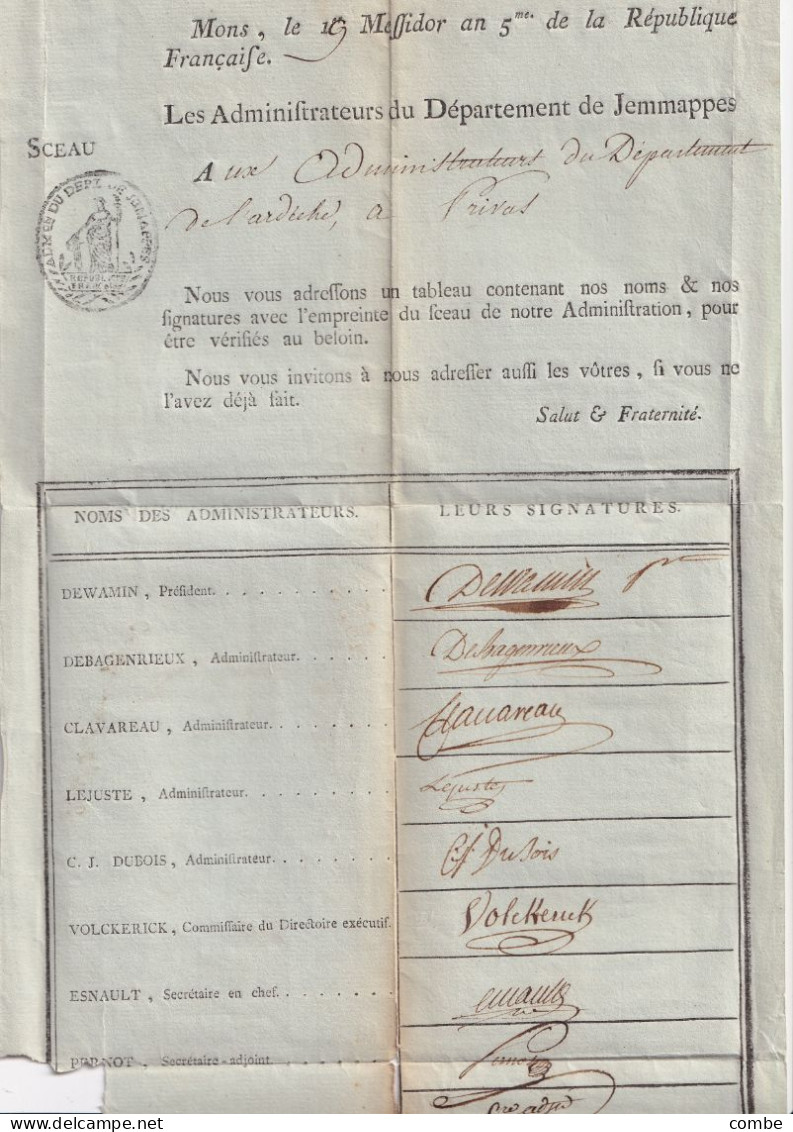 LETTRE.  10 MESSIDOR AN 5. JEMAPPES. 86/MONS. GRIFFE NOIRE DEPARTEMENT DE JEMAPPES. NOMS ET SIGNATURES DES ADMINISTRATEU - 1792-1815: Dipartimenti Conquistati