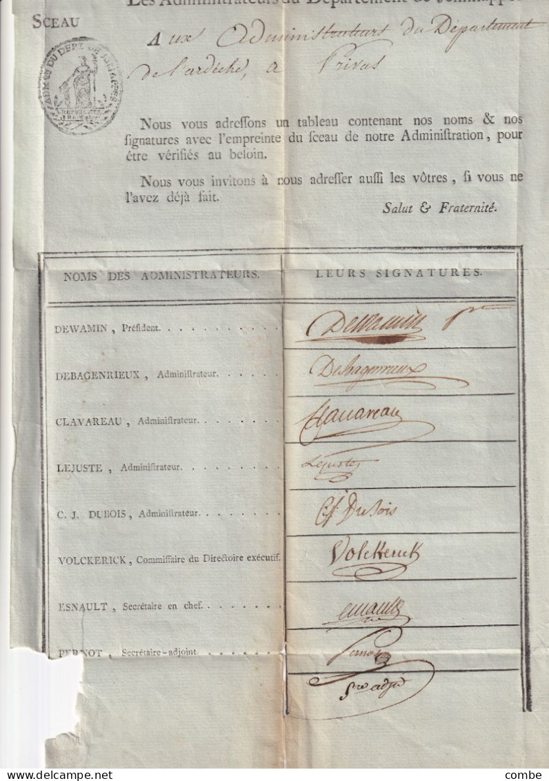 LETTRE.  10 MESSIDOR AN 5. JEMAPPES. 86/MONS. GRIFFE NOIRE DEPARTEMENT DE JEMAPPES. NOMS ET SIGNATURES DES ADMINISTRATEU - 1792-1815: Veroverde Departementen