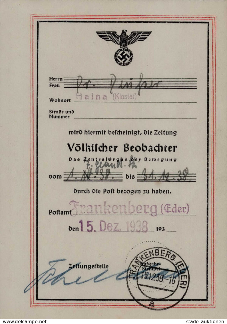 Propaganda WK II - VÖLKISCHER BEOBACHTER Quittungskarte Frankenberg 1938 (keine Ak) I-II - War 1939-45
