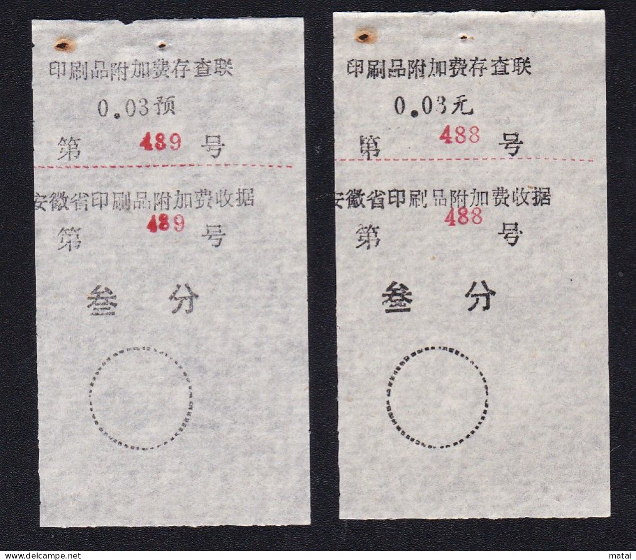 CHINA CHINE CINA ANHUI  ADDED CHARGE LABEL (ACL)  0.03 YUAN  X 2 0.03预 / 0.03元 VARIETY RARE!! - Otros & Sin Clasificación