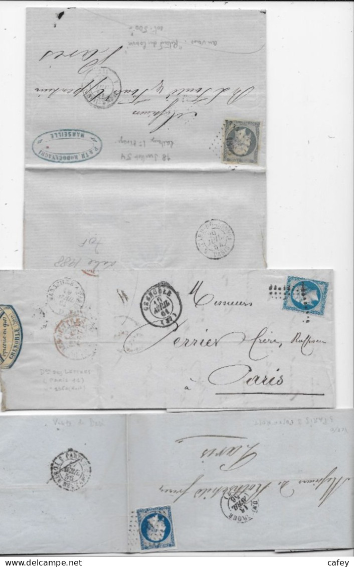 3 Lettres P / PARIS Timbres EMPIRE N° 14 Verso Càd Retard Du Convoi , Poste Restante , Direction Des Lettres - 1849-1876: Classic Period