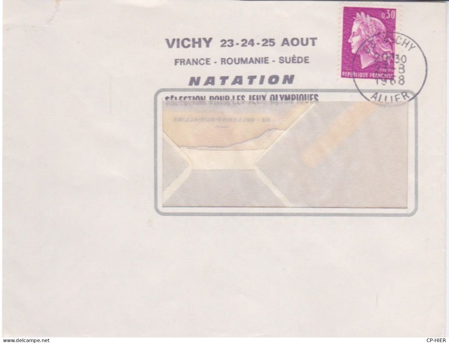 FRANCE - FLAMME  VICHY  - SELECTION POUR LES JEUX OLYMPIQUES  - 1968 -  23 24 25 AOUT FRANCE ROUMANIE SUEDE - Mechanical Postmarks (Advertisement)