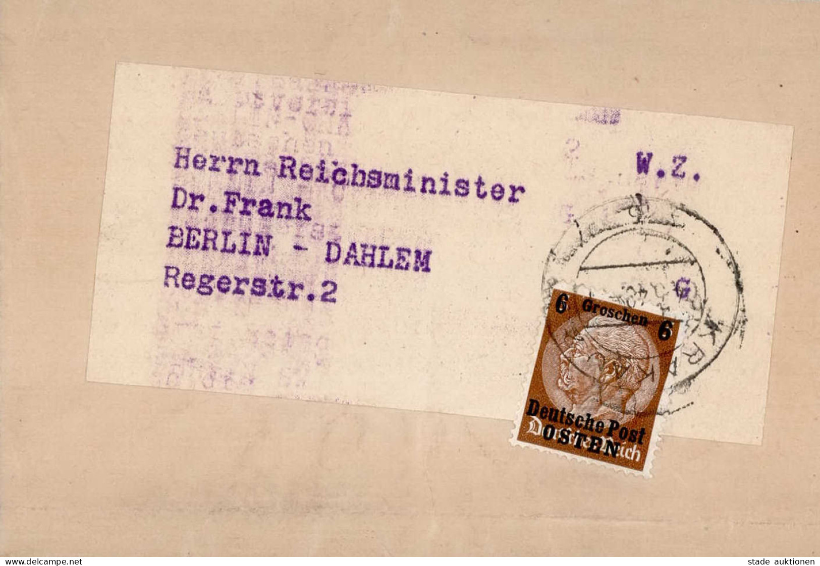 Dr. Frank, Hans, Reichsminister, Generalgouverneur, Streifband Deutsche Post Osten EF Nach Berlin Adressiert - War 1939-45