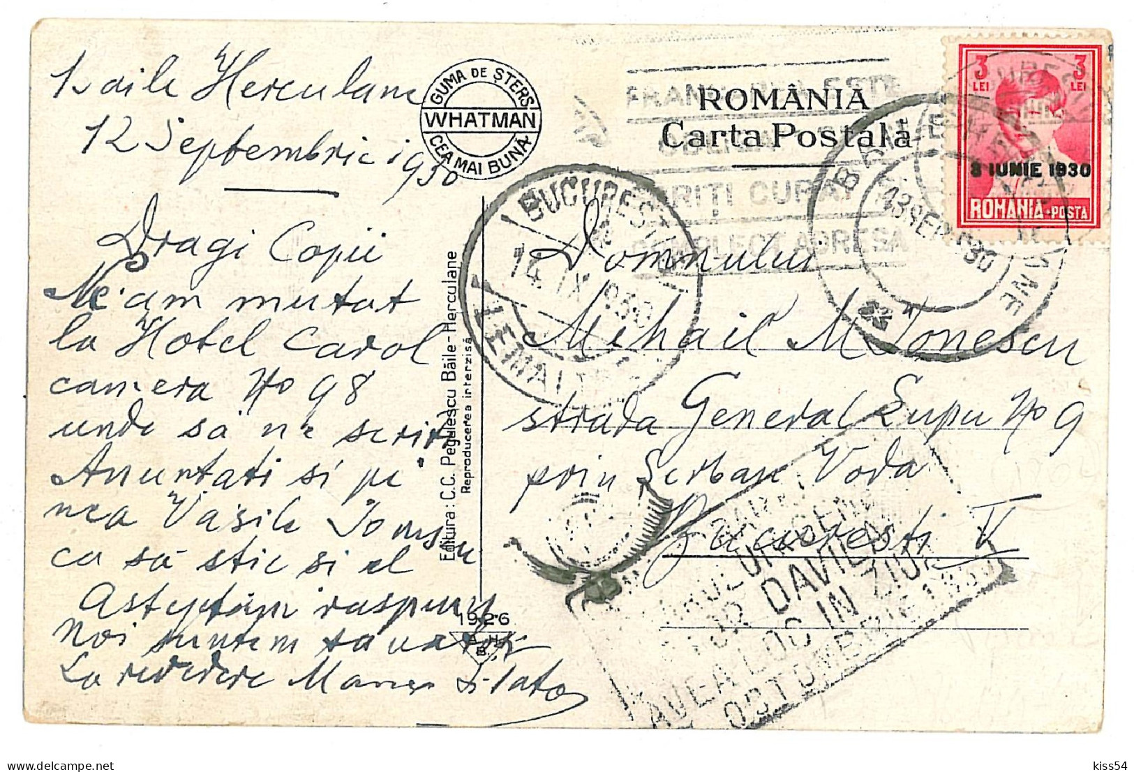 RO 84 - 1802 Baile HERCULANE, Hotel Carol, Romania - Old Postcard - Used - 1930 - Rumänien