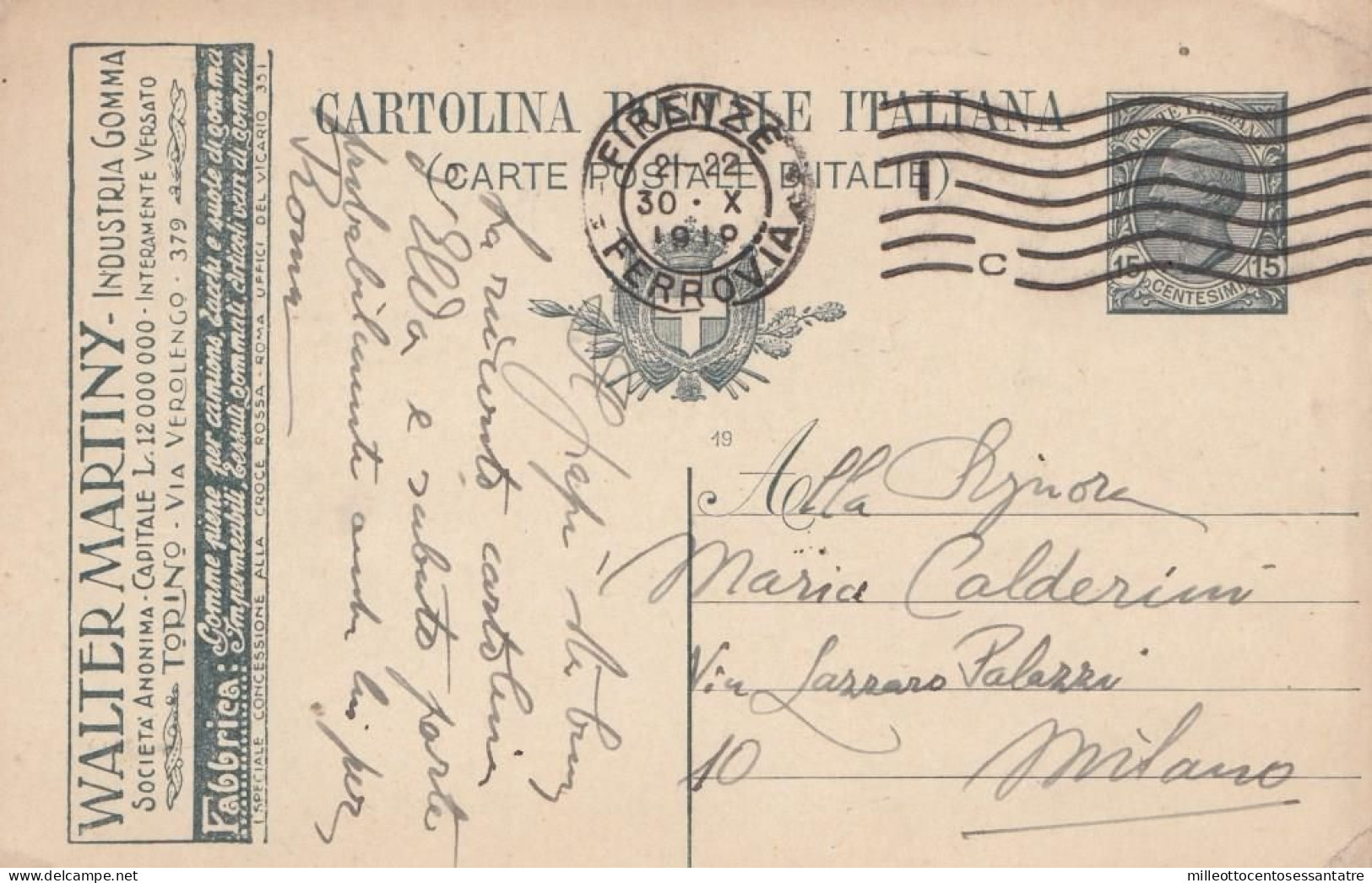 1804  - REGNO - Cartolina Postale Pubblicitaria Da Cent. 15 Ardesia Del 1918 Da Firenze A Milano - Reklame