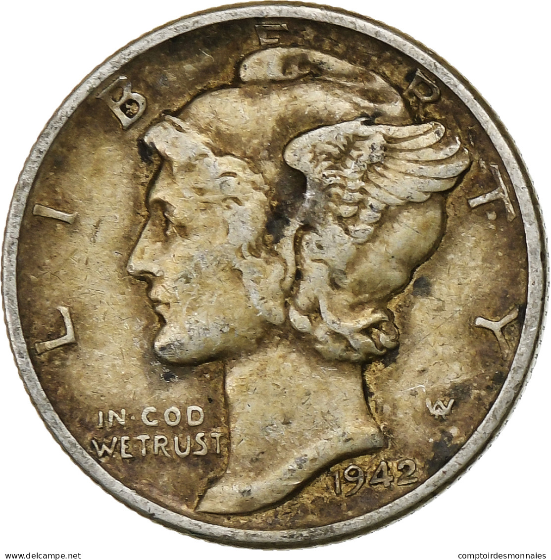 États-Unis, Dime, Mercury Dime, 1942, U.S. Mint, Argent, TTB, KM:140 - 1916-1945: Mercury (kwik)