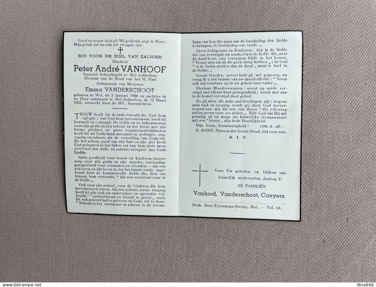 VANHOOF Peter André °MOL 1900 +MOL - ACHTERBOS 1955 - VANDERSCHOOT - CAEYERS - Rustend SChoolhoofd - Obituary Notices