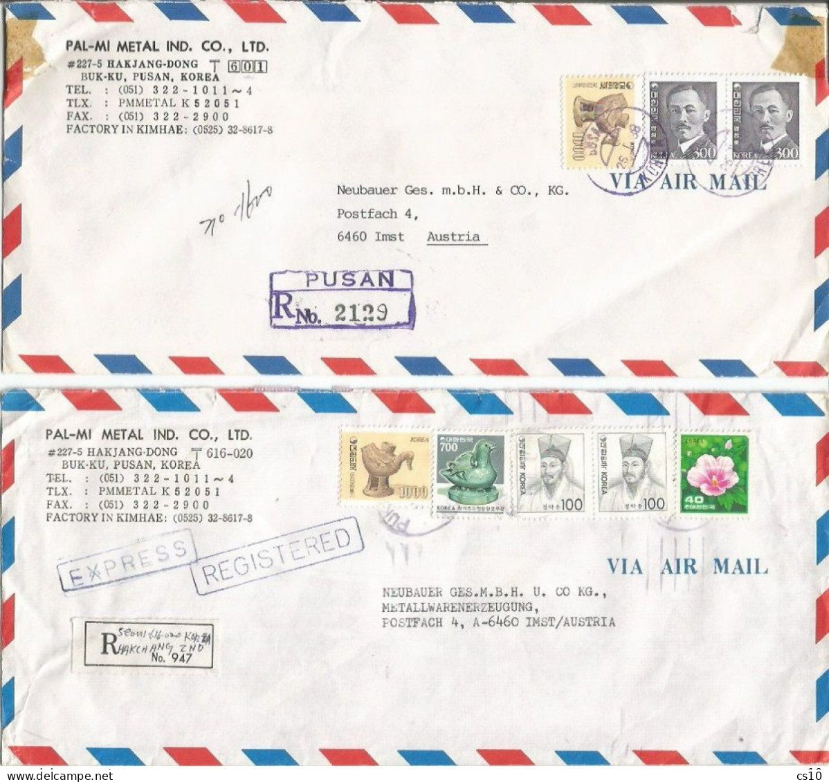 South Korea PH #2 Airmail Registered Covers X Austria : Reg.1988 Rate 1600w + Express Reg.1990 Rate 1940w - Corée Du Sud