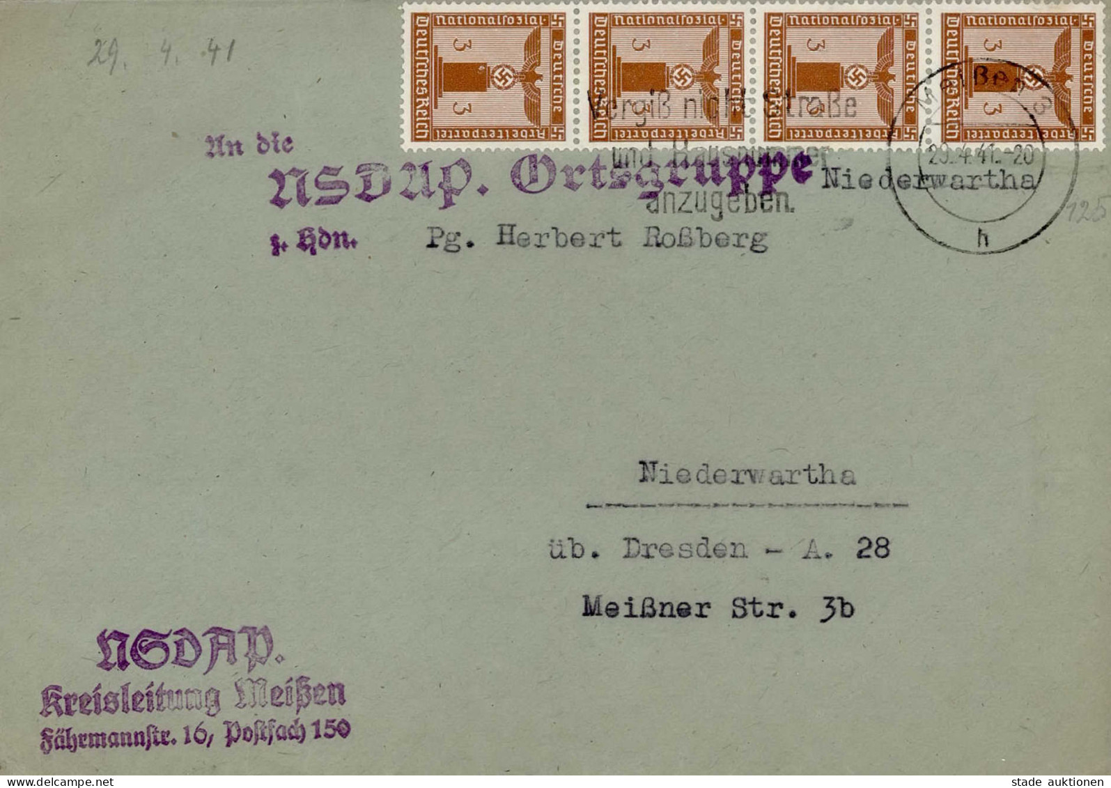 NSDAP Dienstbrief Mit Partei-Dienstmarken MeF, NSDAP Kreisleitung Meißen An Die Ortsgruppe Niederwartha 1941 - War 1939-45