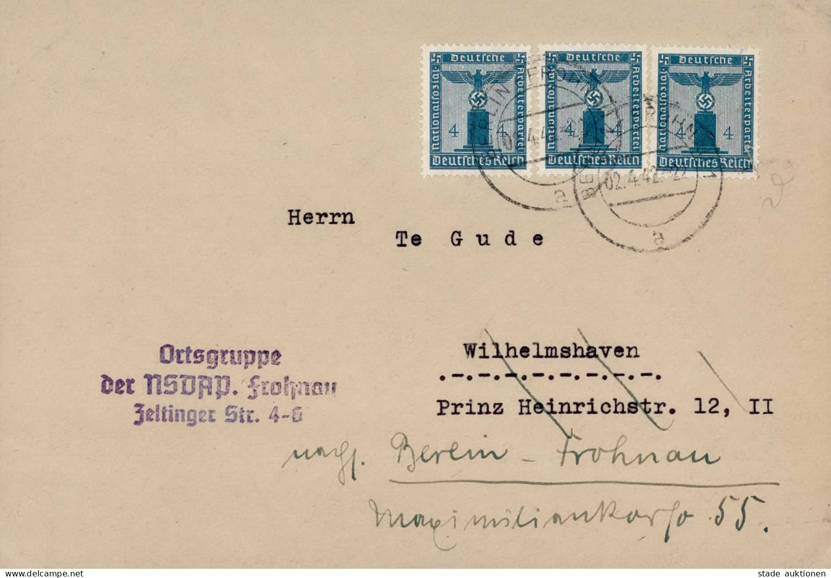 NSDAP Dienstbrief Parteidienstmarken MeF Gau Groß-Berlin Ortsgruppe Frohnau 1942 I-II - War 1939-45