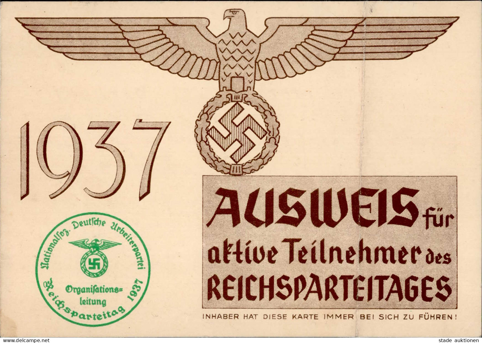 Reichsparteitag WK II Nürnberg (8500) 1937 Ausweis Für Aktive Teilnehmer (Querbug) - War 1939-45