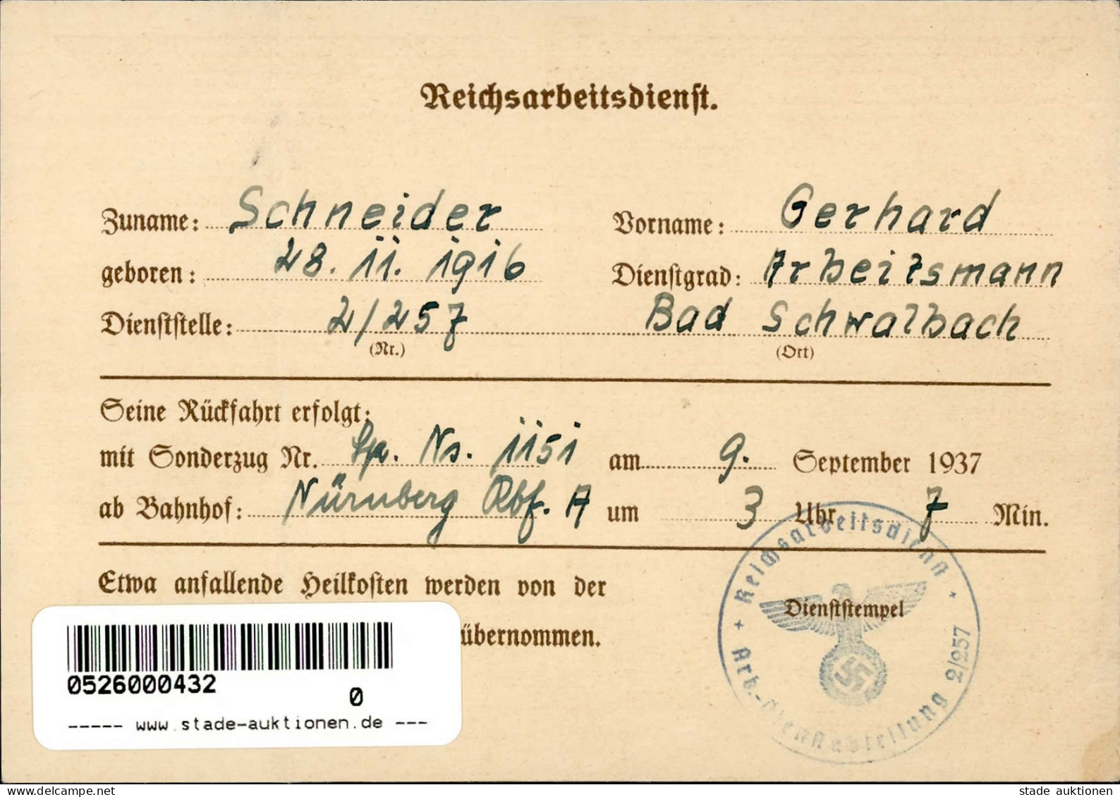Reichsparteitag WK II Nürnberg (8500) 1937 Ausweis Für Aktive Teilnehmer (Querbug) - War 1939-45