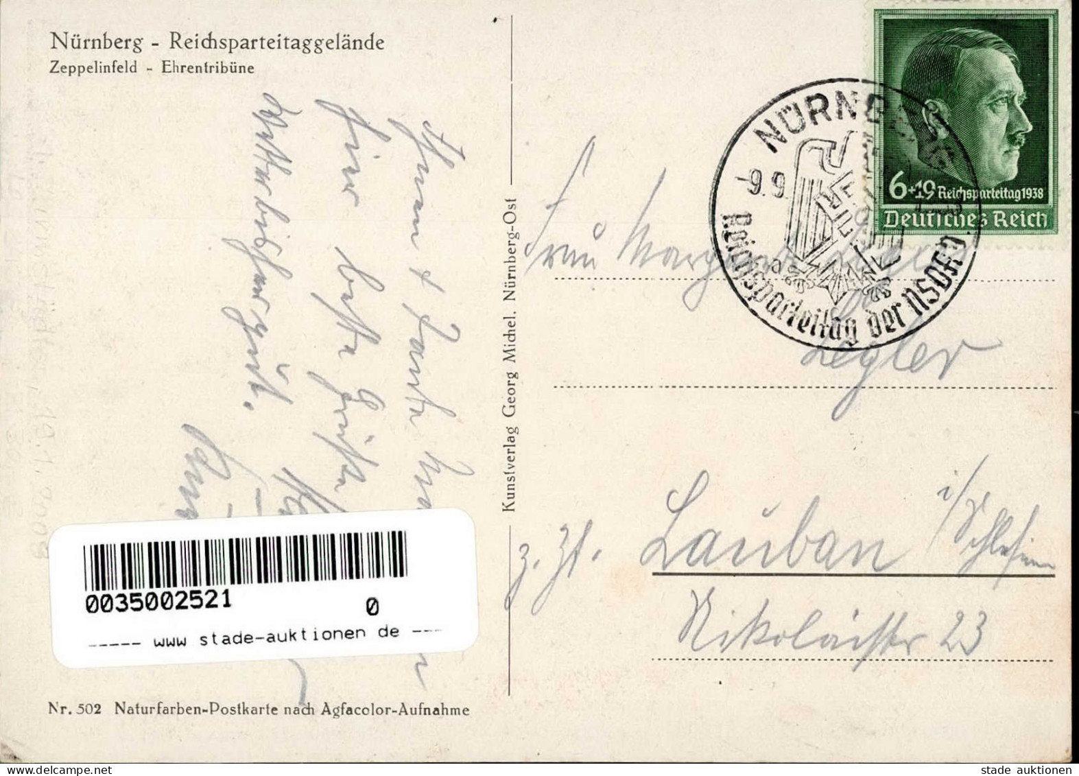 REICHSPARTEITAG NÜRNBERG WK II - Michel 502 Reichsparteitagsgelände Zeppelinfeld - Ehrentribühne S-o 1938 I - Guerra 1939-45