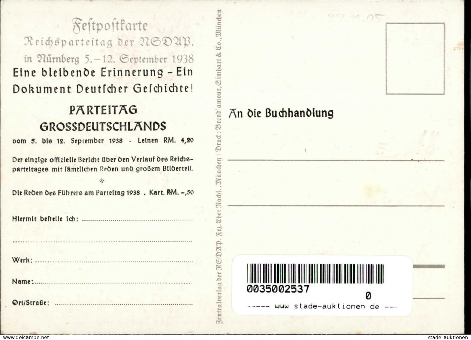 REICHSPARTEITAG NÜRNBERG 1938 WK II - Festpostkarte Mit Seltenem Rücks. Erinnerungs-Zudruck Zum Kauf Des Reichsparteitag - War 1939-45
