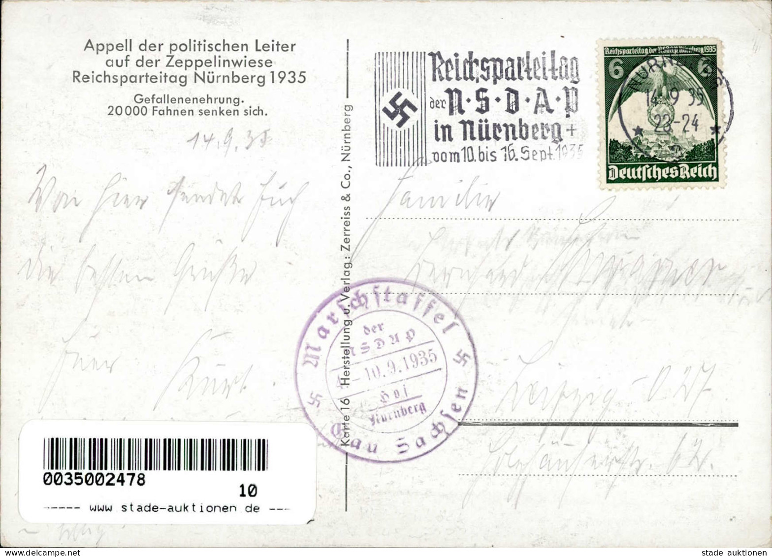 REICHSPARTEITAG NÜRNBERG 1935 WK II - Zerreiss Karte 16  Appell D. Politischen Leiter Gefallenenehrung 20000 Fahnen Senk - War 1939-45