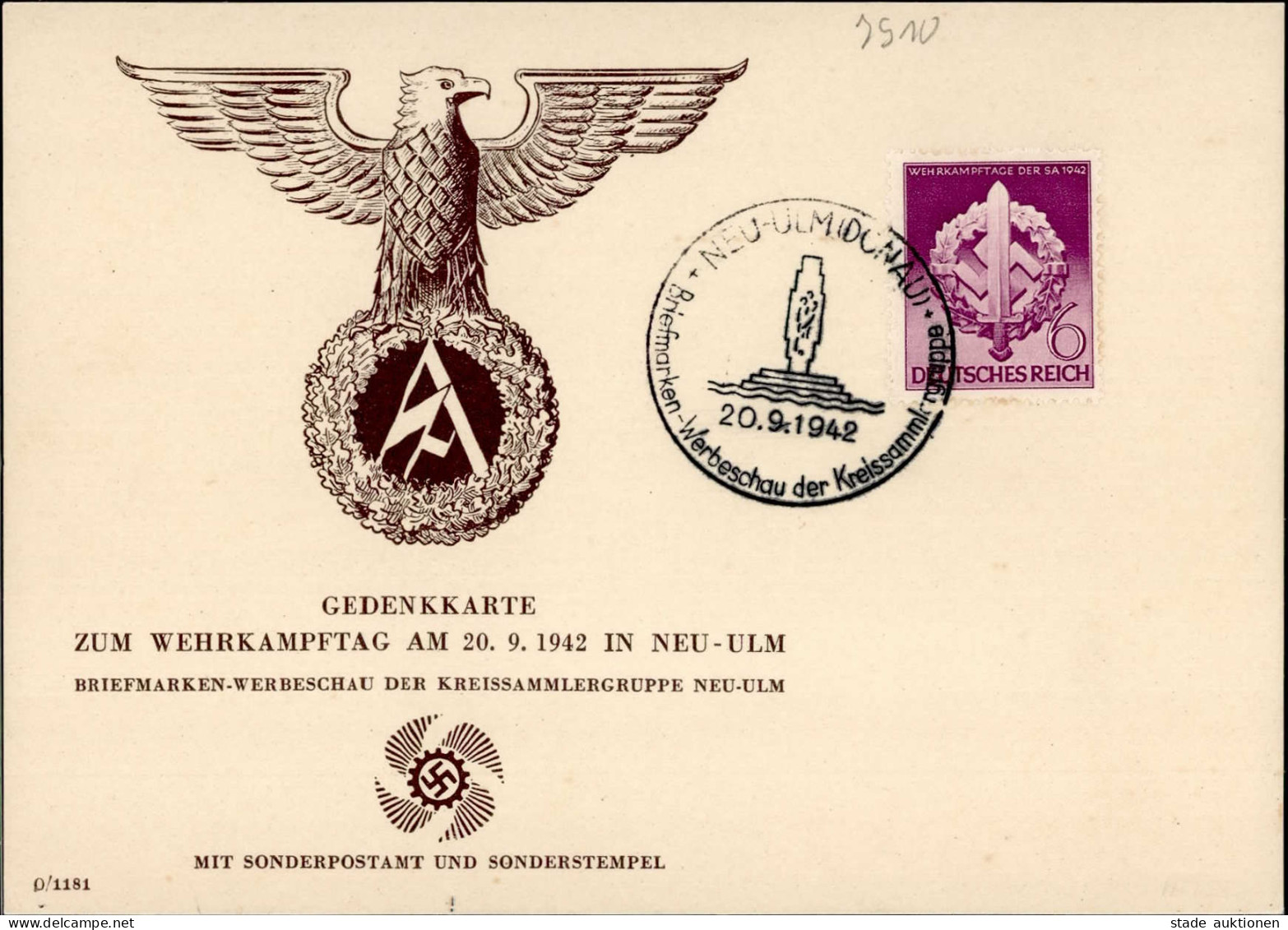 WK II SA Neu-Ulm Gedenkkarte Zum Wehrkampftag Am 20.09.1942 I-II (keine AK-Einteilung) - War 1939-45