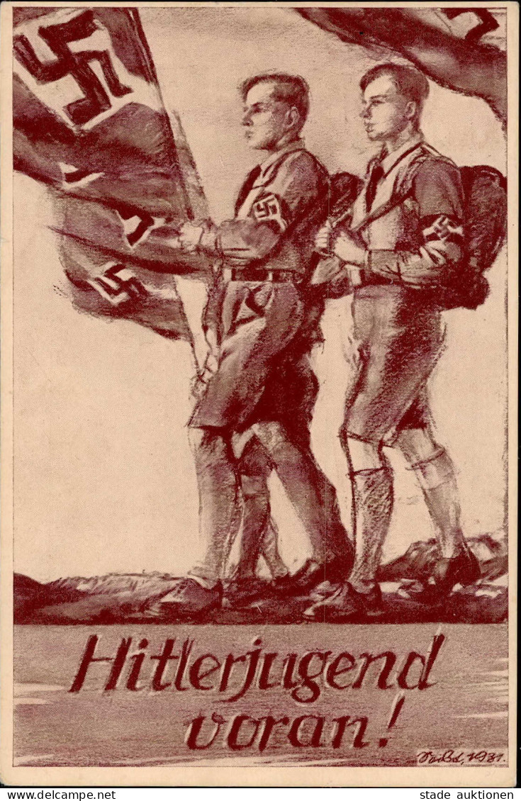 HITLER-JUGEND WK II - Werbekarte Nr. 3 Der HJ HITLERJUGEND VORAN Künstlerkarte Sign. 1931 Minimaler Einriß! I-II - Guerre 1939-45