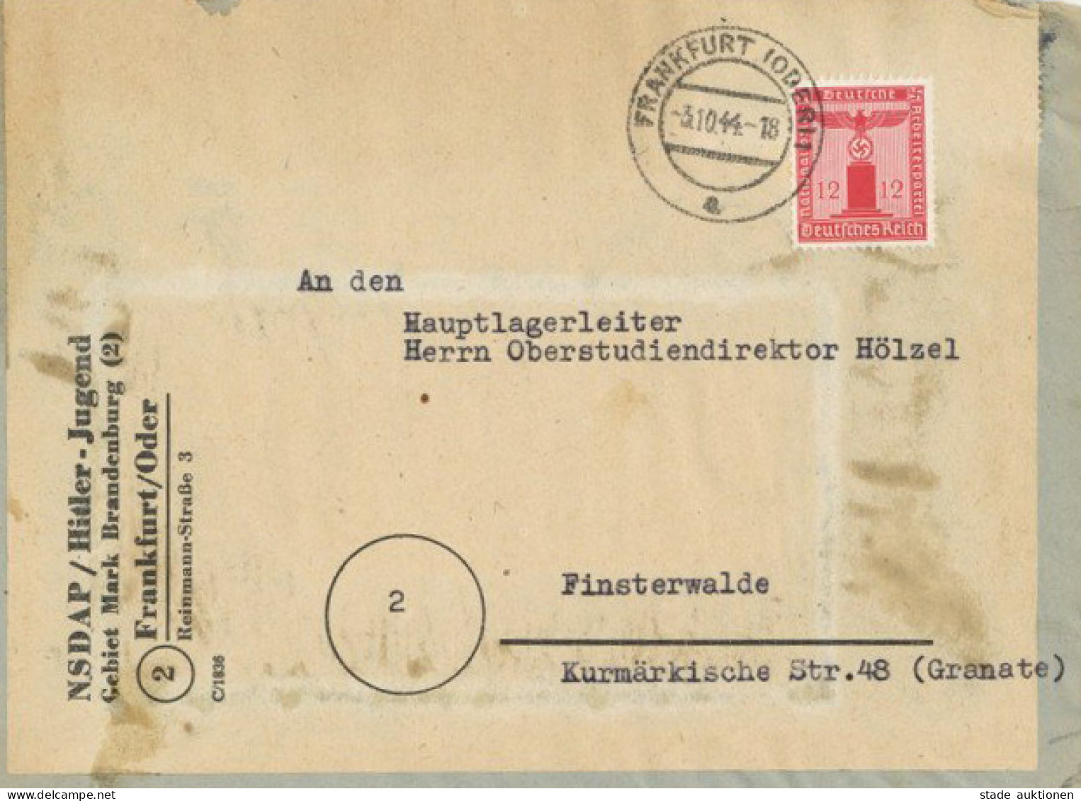 NSDAP HJ Hitlerjugend Gebiet Mark Brandenburg 2 Frankfurt/Oder Dienstbrief Mit Parteidienstmarke EF 1944 II - Guerre 1939-45