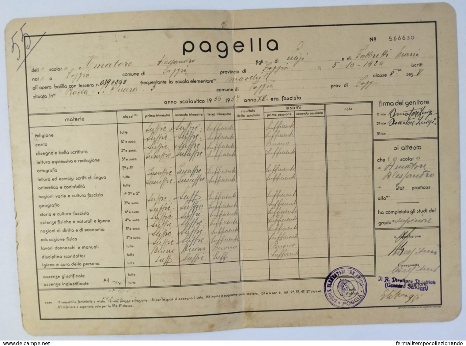 Bp137 Pagella Fascista Regno D'italia Opera Balilla Foggia 1926 - Diplomas Y Calificaciones Escolares