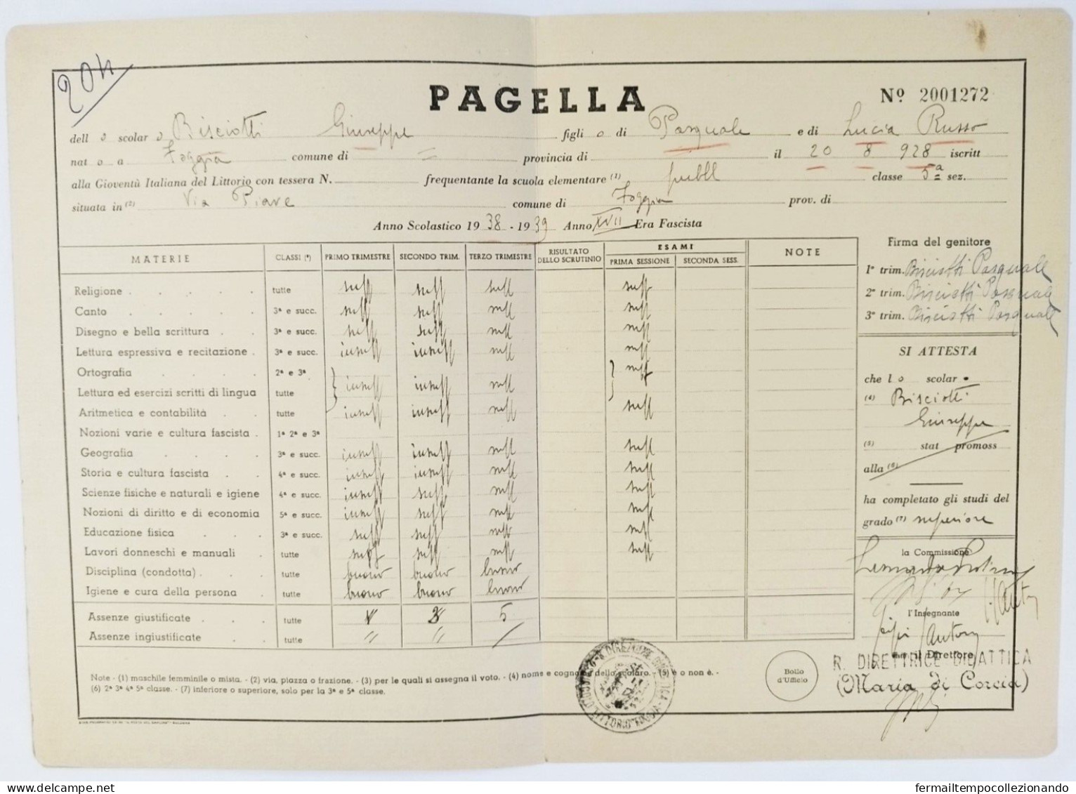 Bp139 Pagella Fascista Regno D'italia Opera Balilla Foggia 1939 - Diplômes & Bulletins Scolaires