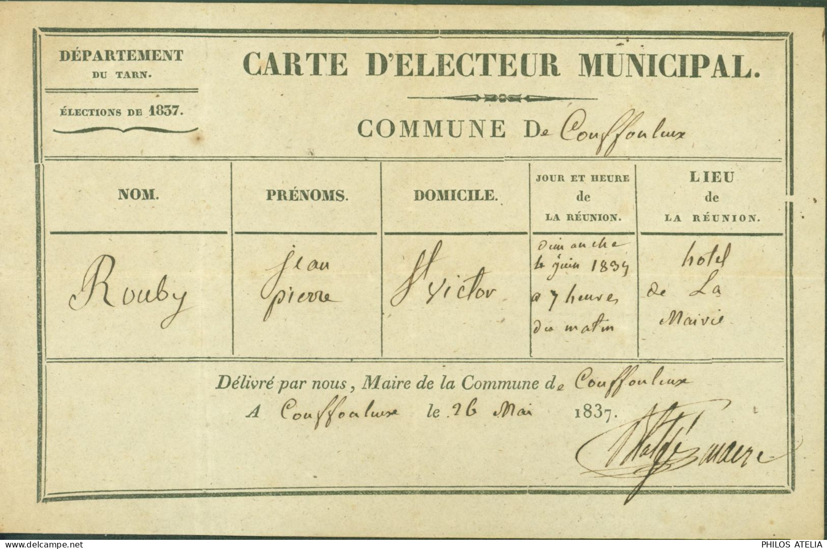 Tarn Carte D'électeur Municipal Commune Coufouleux Ou Couffouleux 26 MAI 1837 - Cartes De Membre