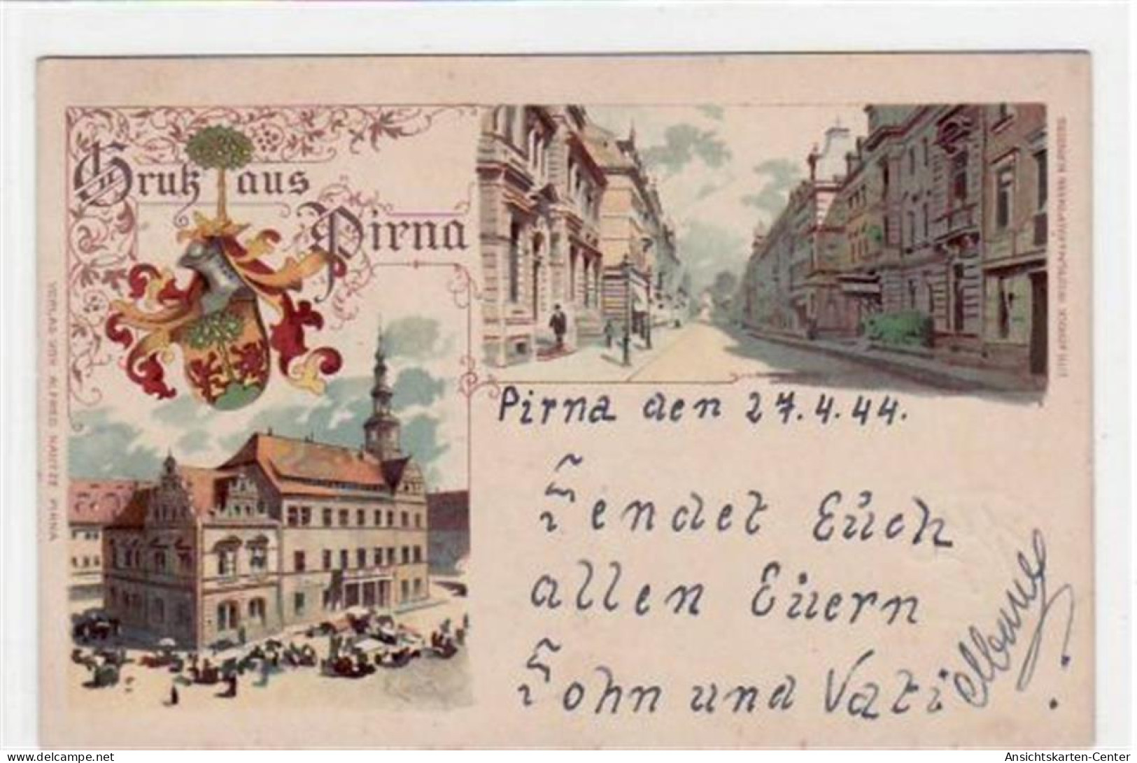 39030005 - Pirna, Kuenstlerkarte Mit Strassenpartie Und Rathaus Gelaufen Von 1944 Karte Ist Jedoch Aelter, Da Die Ansch - Pirna