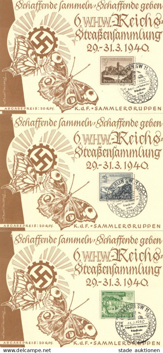 WHW Winterhilfswerk 3 Schmuck-Propagandakarten 6. WHW Reichs Strassensammlung 1940 Jeweils Mit Versch. WHW-Marken U. Son - Guerre 1939-45