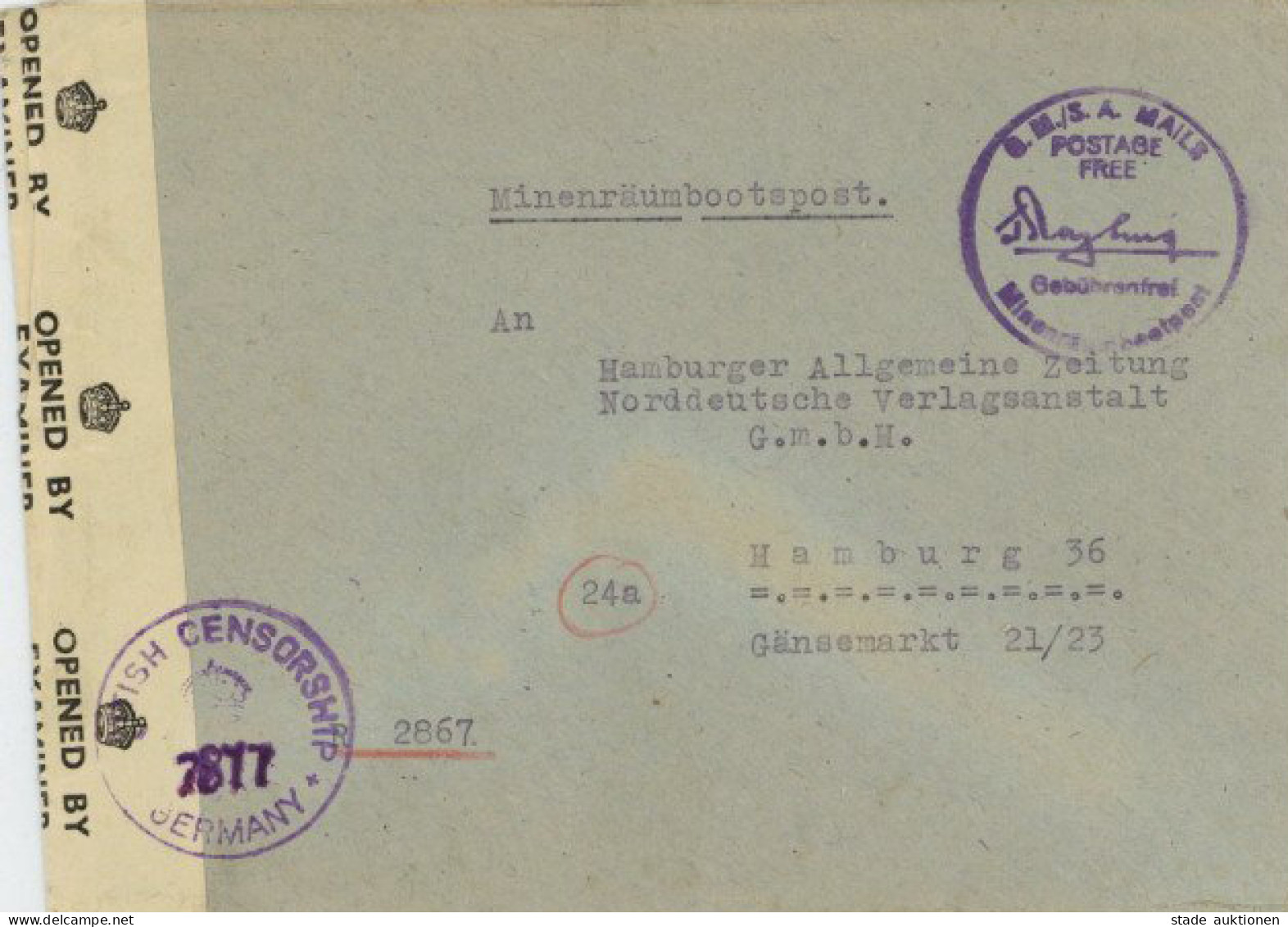 Feldpost WK II - US-MINENRÄUMBOOTSPOST Abs. 3.M.R.D.U-Stab Begleitschiff TSINGTAU Zensurbrief I-II - War 1939-45