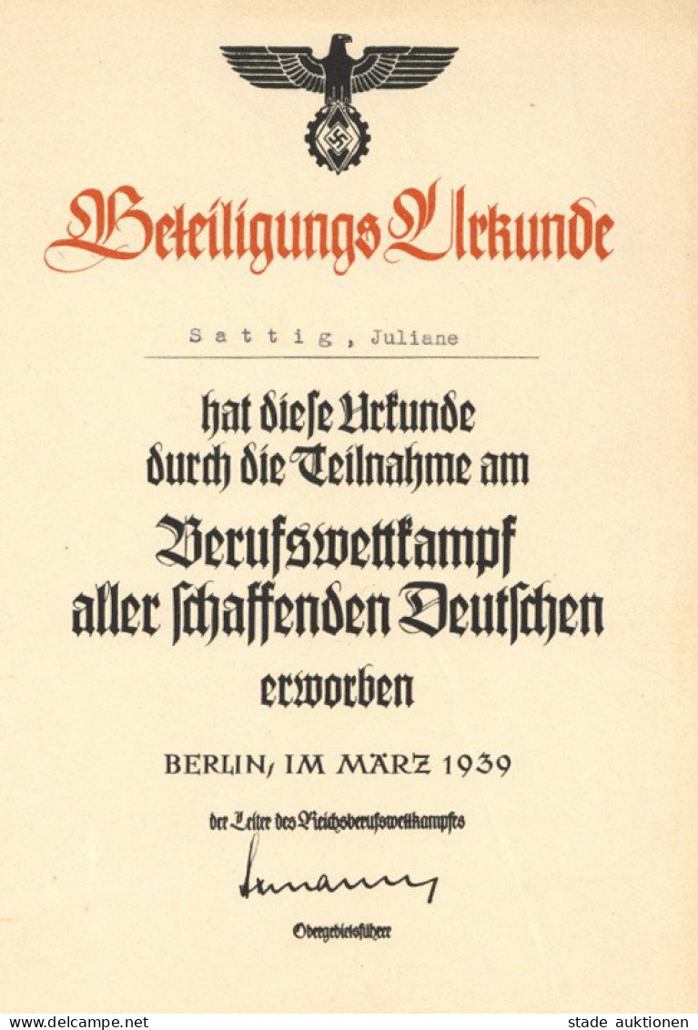 Verleihungsurkunde Berufswettkampf Aller Schaffenden Deutschen Berlin 1939 I-II - War 1939-45