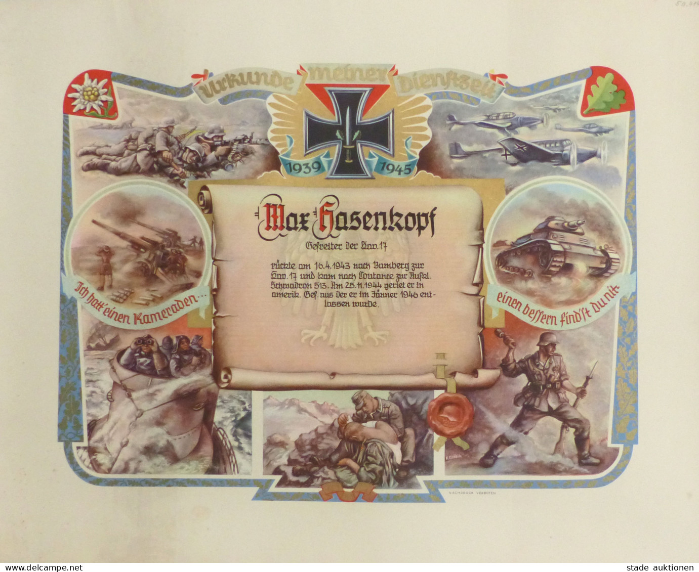 Verleihungsurkunde Eines Soldaten Zu Seiner Dienstzeit 1939-1945, Druck Clöbitz, F., 43x55 Cm I-II - War 1939-45