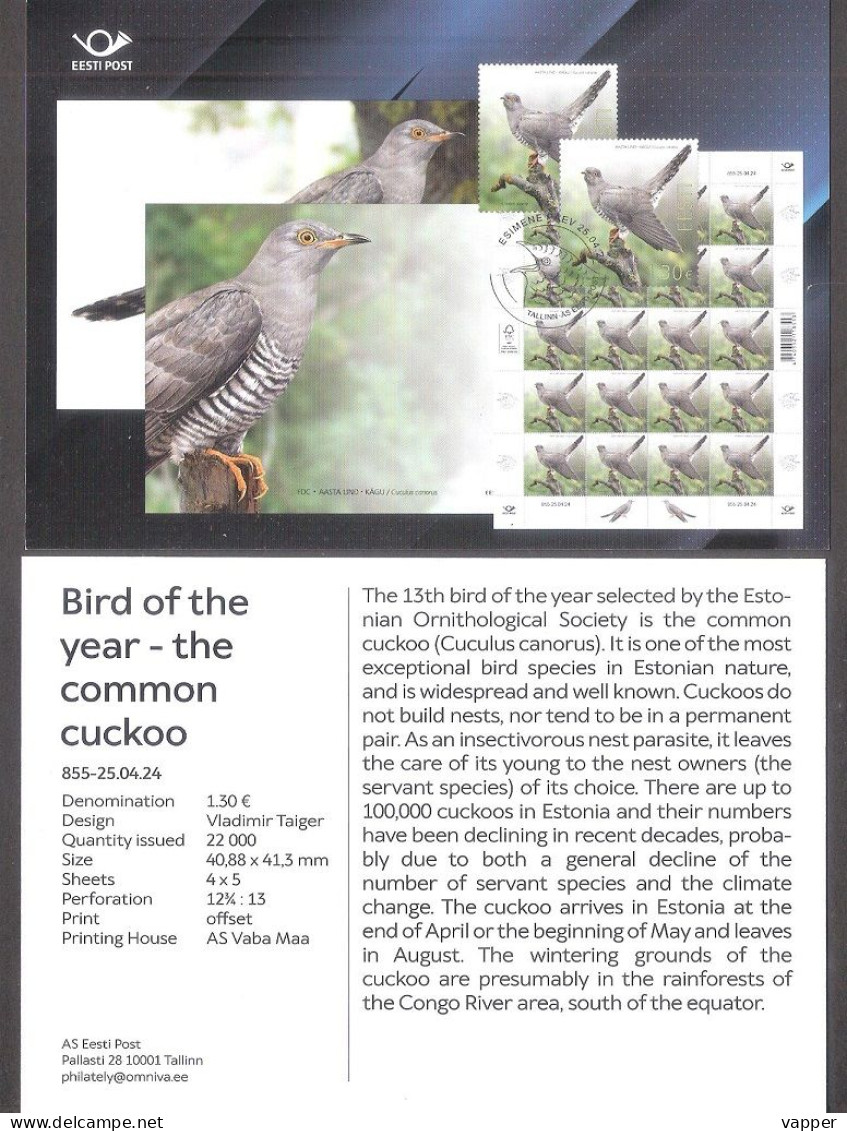 Bird Of The Year -the Common Cuckoo Estonia 2024 Stamp Presentation Card (eng) Mi 1103 - Cuckoos & Turacos