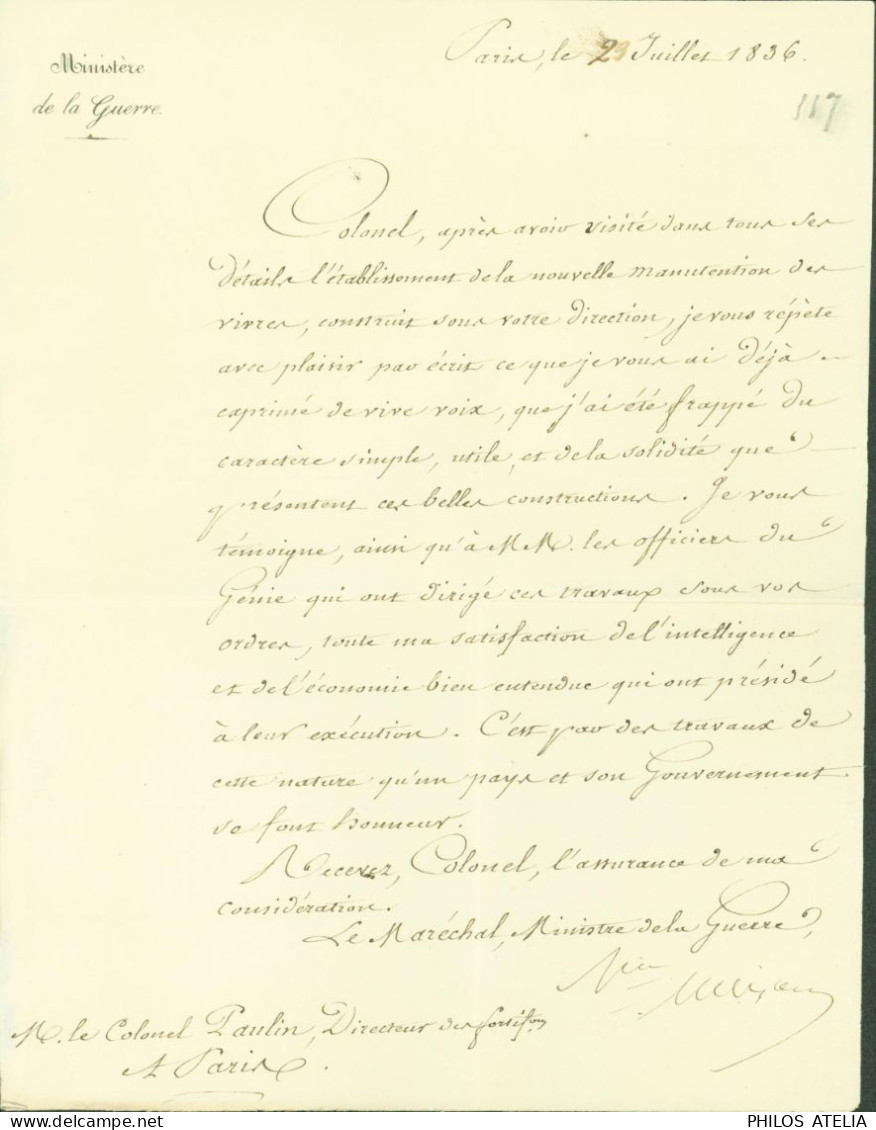 LAS Lettre Autographe Signature Maison Maréchal De France Ministre De La Guerre Paris 2 7 1836 Au Colonel Paulin - Politiek & Militair