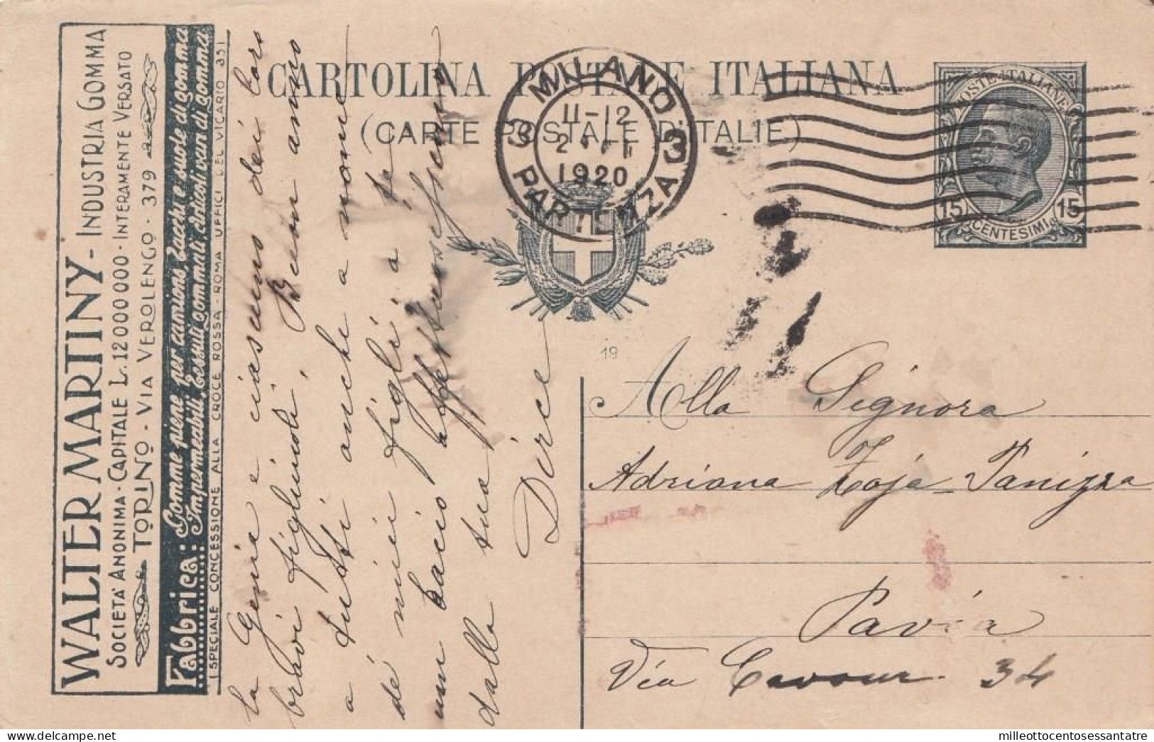 1805  - REGNO - Cartolina Postale Pubblicitaria Da Cent. 15 Ardesia Del 1920 Da Milano A Pavia - Publicité