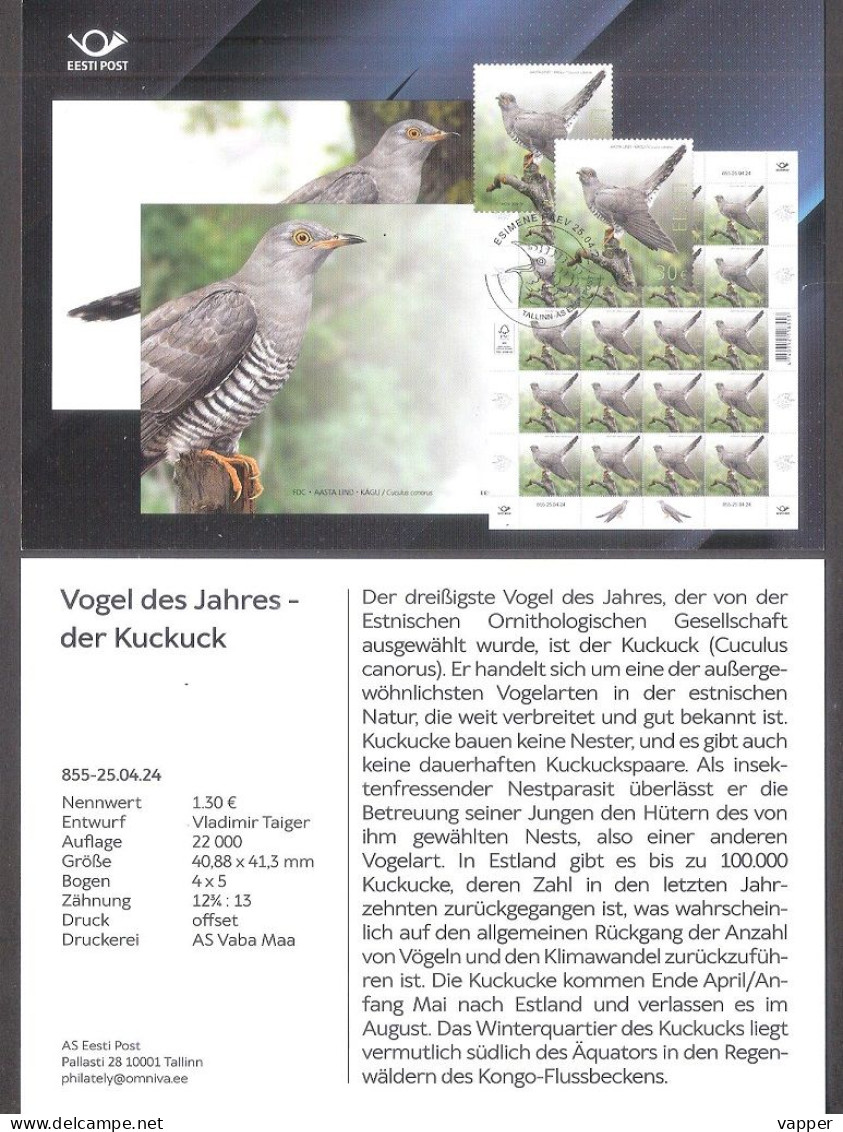 Bird Of The Year -the Common Cuckoo Estonia 2024 Stamp Presentation Card (ger) Mi 1103 - Koekoeken En Toerako's