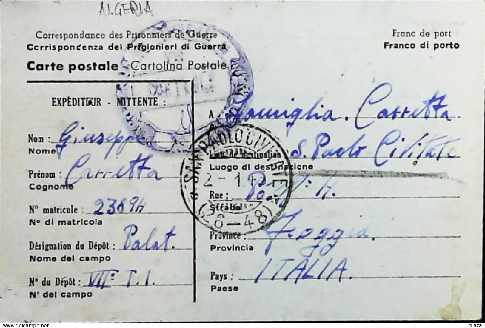 POW WW2 – WWII Italian Prisoner Of War In ALGERIA - Censorship Censure Geprüft  – S7770 - Correo Militar (PM)