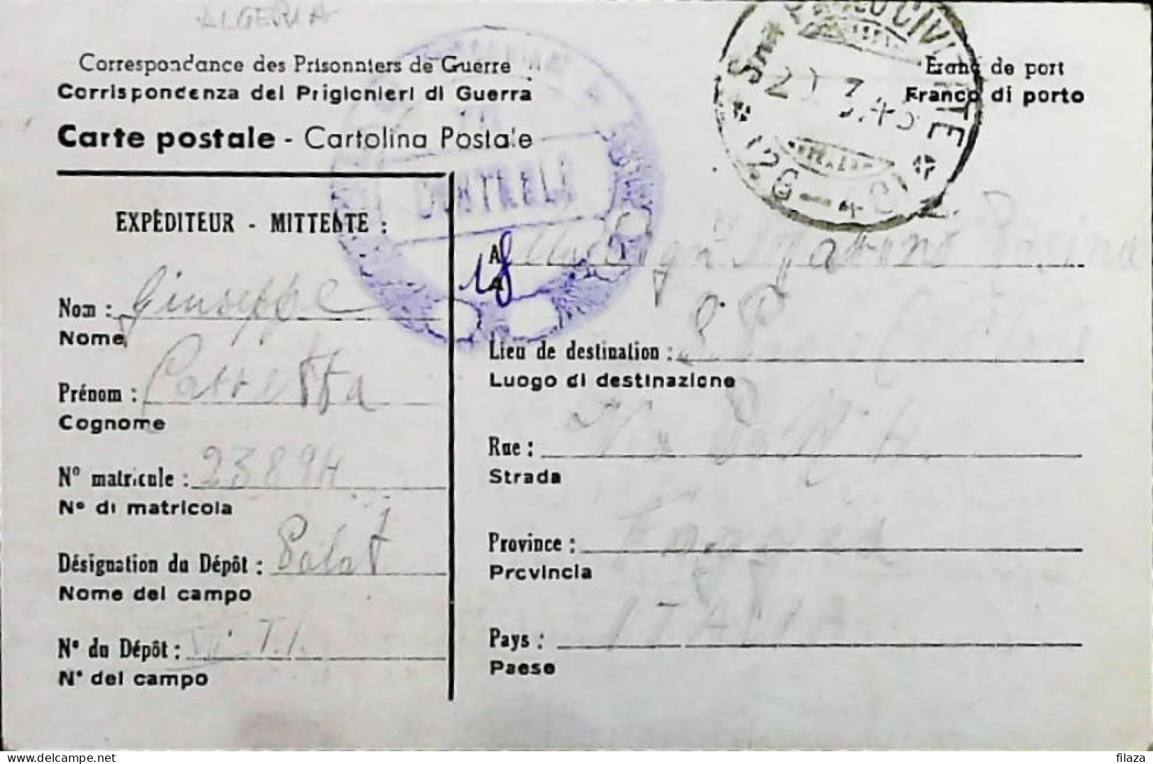 POW WW2 – WWII Italian Prisoner Of War In ALGERIA - Censorship Censure Geprüft  – S7766 - Militärpost (MP)