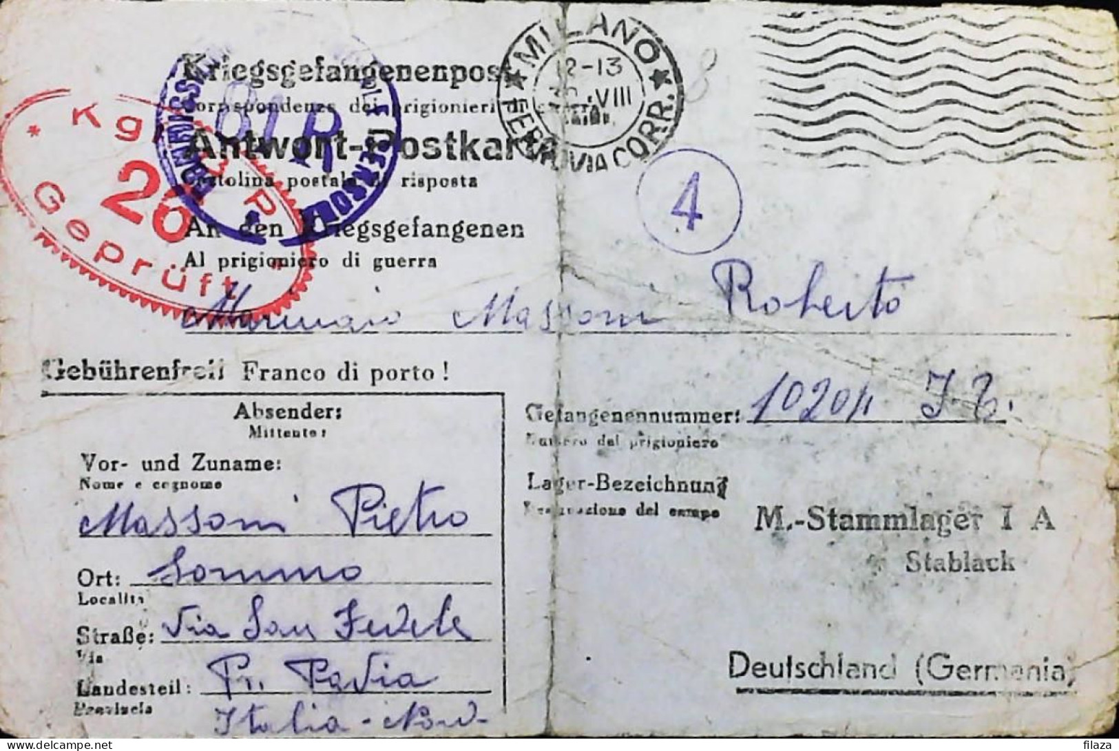 POW WW2 – WWII Italian Prisoner Of War In Germany - Censorship Censure Geprüft  – S7708 - Poste Militaire (PM)