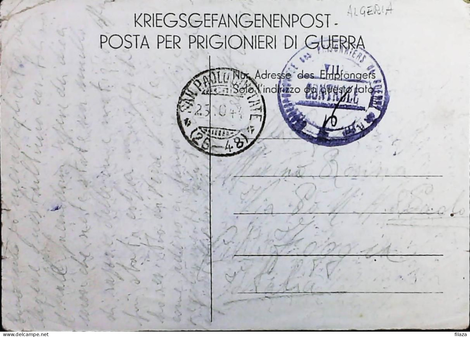 POW WW2 – WWII Italian Prisoner Of War In ALGERIA - Censorship Censure Geprüft  – S7751 - Correo Militar (PM)