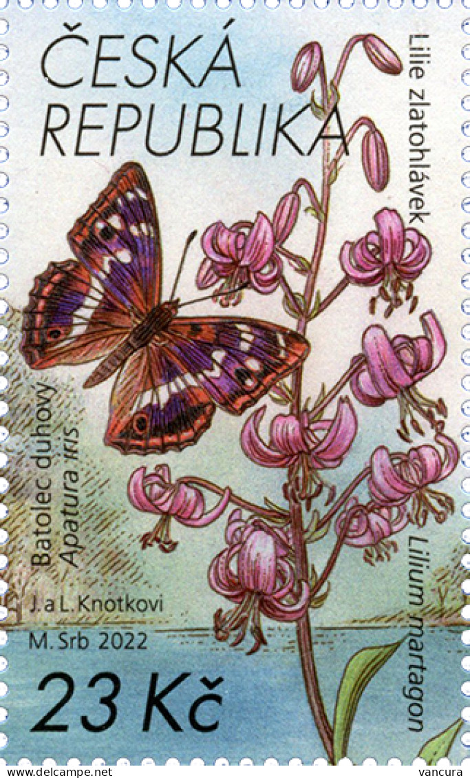 ** 1167 Czech Republic Macha's Region 2022 Martagon Lilies (Lilium Martagon) And The Purple Emperor (Apatura Iris) - Butterflies