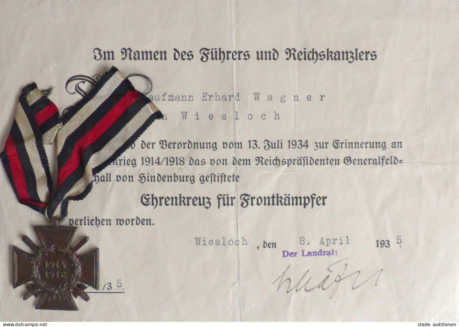 WK II Orden Ehrenkreuz Für Frontkämpfer Zum 1. Weltkrieg, Orden Und Urkunde, Wiesloch 8. April 1935 II - Weltkrieg 1939-45