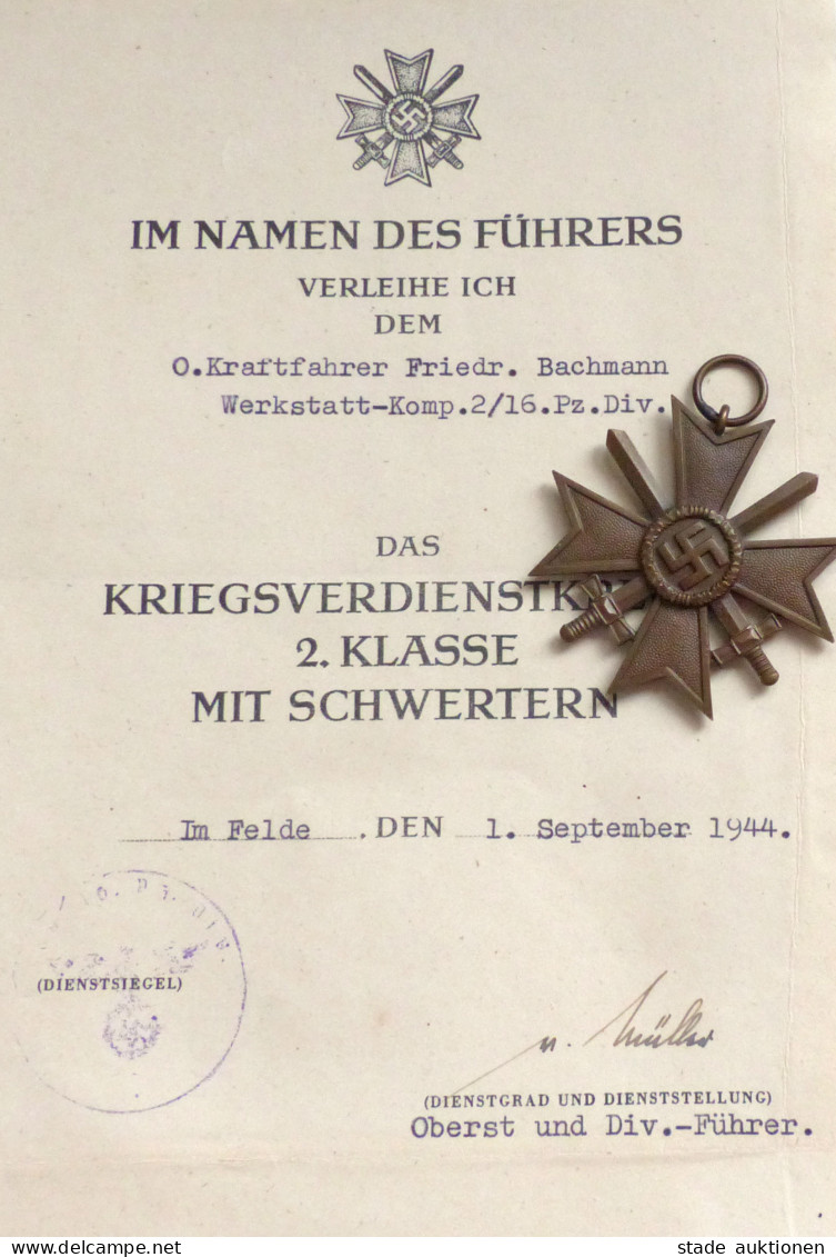 WK II Orden Kriegsverdienstkreuz 2. Klasse Mit Schwertern Mit Verleihungsurkunde - War 1939-45