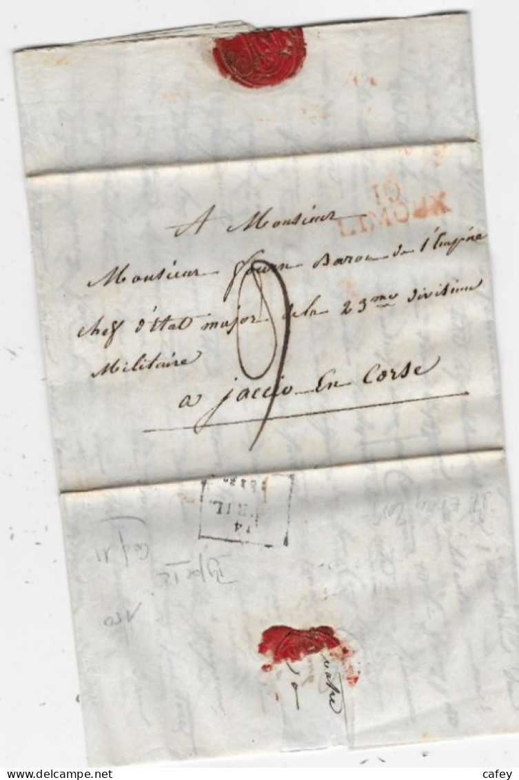 Lettre De LIMOUX 1813 P / AJACCIO CORSE Cachet D'arrivée 14 / AVRIL / 1813 Destinataire Baron D'Empire Chef D'Etat Major - 1801-1848: Precursors XIX